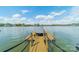 Wooden dock in the lake provides convenient access to boating under a cloudy blue sky and homes along the shore at 139 Little Indian Loop, Mooresville, NC 28117