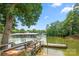 Scenic lake view showcasing a private dock, boat dock, and lush trees under a clear, blue sky, inviting waterfront living at 181 Riverview Ter, Clover, SC 29710