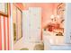 Bathroom featuring red and white striped wallpaper and shower with glass door at 316 Country Club Acres None, Shelby, NC 28150
