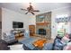 Spacious living room with a stone fireplace, hardwood floors, and stylish furniture at 3622 Roxburgh Ln, Gastonia, NC 28056
