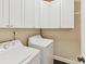 A convenient laundry room with overhead cabinets and modern appliances for easy chores at 4407 Coventry Row Ct, Charlotte, NC 28270