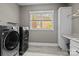 Well-equipped laundry room featuring modern washer and dryer with a bright window and a utility sink with storage at 6743 Fox Ridge Cir, Davidson, NC 28036
