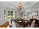 Formal dining room with elegant chandelier, large windows, and seating for six at 9008 Skipaway Dr, Waxhaw, NC 28173