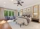 Serene main bedroom suite features a luxurious bed, sitting area and views of the surrounding greenery at 1012 Shippon Ln, Waxhaw, NC 28173