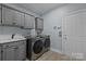 This laundry room features a sink, cabinets, modern washer and dryer, and a door to the outside at 116 Jim Parker Rd, Wesley Chapel, NC 28110