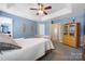 Relaxing bedroom with carpet, a ceiling fan, and a wooden bed frame with stylish decor at 121 Talbert Town Loop, Mooresville, NC 28117