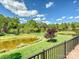 Scenic backyard view from the deck, featuring a tranquil pond with a fountain and beautiful landscaping at 1231 Restoration Dr, Marvin, NC 28173
