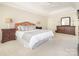 Spacious main bedroom with tray ceiling, two side tables, and carpet flooring at 126 Pointer Se Ct, Concord, NC 28025
