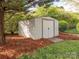 Outdoor metal storage shed surrounded by landscaping and fencing at 126 Pointer Se Ct, Concord, NC 28025