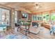 Cozy living room with wood ceiling, brick fireplace, comfortable seating, and plenty of natural light at 1427 Doe Ridge Ln, Fort Mill, SC 29715