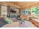 Relaxing living room with wood ceiling, brick fireplace, comfortable seating, and plenty of natural light at 1427 Doe Ridge Ln, Fort Mill, SC 29715