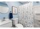 Cozy bathroom featuring blue walls, a vanity, toilet, framed artwork, and a shower with a patterned curtain at 166 Franklin Nw Ave, Concord, NC 28025