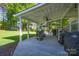 A covered back porch with gray Adirondack chairs and an outdoor grill overlooks the spacious lawn at 921 Snow Prince Ln, York, SC 29745