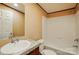 Bathroom with single-sink vanity, granite countertops, framed mirror, and tub/shower combination at 110 Matthew Dr, Kings Mountain, NC 28086