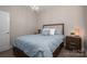 Light bedroom with a chandelier, comfortable blue bedding, and matching nightstands with lamps on either side at 2001 Cramer Place Ct, Cramerton, NC 28032