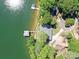 Aerial shot of a lakeside home with a private dock, lush trees, and well-manicured lawn at 2045 Manila Bay Ln, Tega Cay, SC 29708