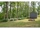 Lush backyard with mature trees, a shed, and meticulously maintained landscaping at 216 Dewars Dr, Rock Hill, SC 29730