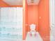 Cozy bathroom with toilet and shower featuring an elephant pattern curtain at 6123 Glen Manor Dr, Charlotte, NC 28269
