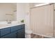 Well-lit bathroom featuring a modern vanity and a striped shower curtain at 620 Baneberry Bluff Ct, Rock Hill, SC 29732