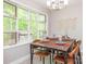 Bright dining area with a table set for six and views of backyard trees at 7024 Rockledge Dr, Charlotte, NC 28210