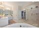This bathroom features a shower, a large tub, white cabinets, and a dual sink vanity at 7117 Chadwyck Farms Dr, Charlotte, NC 28226
