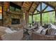 Covered patio with stone fireplace, comfortable seating, and views of the surrounding greenery at 10723 Green Heron Ct, Charlotte, NC 28278