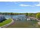 Aerial view of boat docks on lake with surrounding greenery and homes, showcasing a waterfront community at 1211 Torrence Cir, Davidson, NC 28036