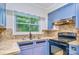 Kitchen featuring blue cabinets, stainless steel sink, and modern appliances illuminated by a bright window at 1409 Sherwood Dr, Kannapolis, NC 28081
