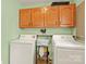 A quaint laundry room with overhead cabinetry, a folding table, a washer, and a dryer at 173 Chestnut Grove Rd, Statesville, NC 28625
