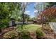 Private backyard with lush landscaping, white fence, and detached garage, perfect for outdoor entertaining and relaxation at 2909 Park Rd, Charlotte, NC 28209