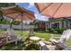 Inviting backyard seating area with umbrellas, white fence and well-maintained lawn at 2909 Park Rd, Charlotte, NC 28209