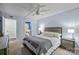 Bedroom features a ceiling fan, ensuite laundry, and soothing blue walls at 4754 Hedgemore Dr # O, Charlotte, NC 28209