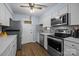 Bright kitchen featuring white cabinets, stainless steel appliances, and modern backsplash tiles at 4754 Hedgemore Dr # O, Charlotte, NC 28209