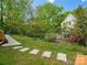 Green backyard with stepping stones leading to mature trees and a glimpse of the house at 512 Secrest Ave, Belmont, NC 28012