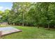 Backyard of the home with lush green grass, trees, and a pool cover at 1014 Sandbox Cir, Indian Trail, NC 28079
