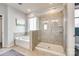 This bathroom features a stand-up shower with a glass door and a soaking tub at 19010 Hawk Haven Ln, Charlotte, NC 28278