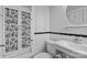 Bathroom features shower with decorative curtain, white tile, vanity with sink, toilet, and black accents at 2125 Kenilworth Ave, Charlotte, NC 28203