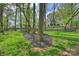 Serene backyard with mature trees, lush lawn, and a black fence enclosing the property at 438 Wonderwood Dr, Charlotte, NC 28211
