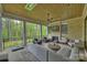 Covered stone patio with wood ceiling featuring outdoor seating and a fireplace at 438 Wonderwood Dr, Charlotte, NC 28211