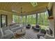 Inviting stone patio with comfortable seating, fireplace, and views of the surrounding greenery at 438 Wonderwood Dr, Charlotte, NC 28211