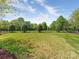 Spacious backyard with lush green lawn, mature trees, and black metal fence at 9636 Cotton Stand Rd, Charlotte, NC 28277