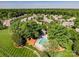 Aerial view of neighborhood with community pool surrounded by lush trees and well-kept lawns at 135 Northbridge Dr, Mooresville, NC 28115