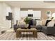 Open-concept living room with a comfortable sofa, decorative pillows, stylish coffee table, and an adjacent kitchen at 2820 Morning Song Way, Lancaster, SC 29720
