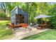 Beautiful backyard showcasing a cozy firepit area and charming blue shed, perfect for outdoor entertaining at 4626 Fairbluff Pl, Charlotte, NC 28209