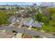 Aerial view of a two-story home with a well-manicured yard and the city skyline in the distance at 612 Baldwin Ave, Charlotte, NC 28204