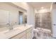 Modern bathroom with dual sinks, a large mirror, and a walk-in shower with tile surround at 8432 Norman Forest Rd, Lancaster, SC 29720