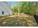 Large backyard with a combination of manicured lawn and natural wooded area, surrounded by fencing at 11040 E Lake Rd, Charlotte, NC 28215