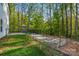 A spacious backyard featuring a patio, garden beds, and a lush tree line, offering ample outdoor space at 11040 E Lake Rd, Charlotte, NC 28215