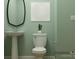 Charming half-bath with modern black mirror and pedestal sink with light green walls and neutral decor at 1552 Croydon St, Indian Land, SC 29707