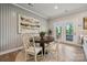 A cozy dining area features modern wainscoting, round wood table, and access to an outdoor living space at 2037 Mantle Ridge Dr, Indian Trail, NC 28079